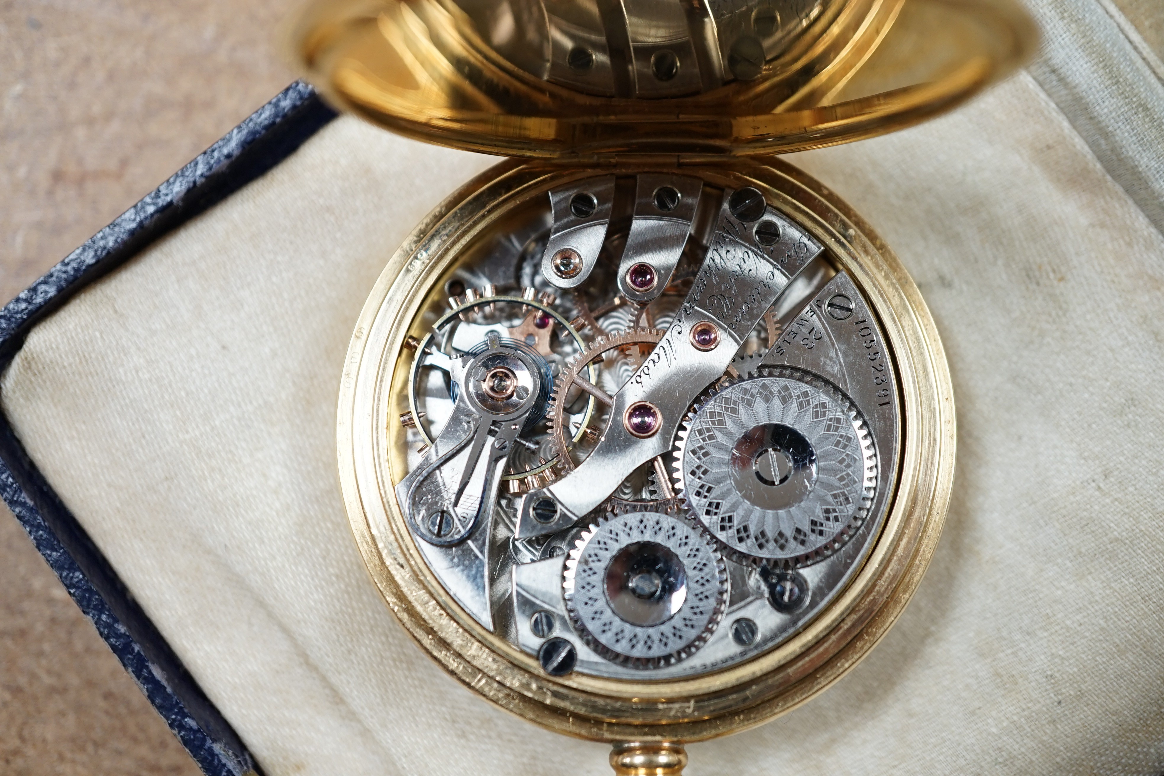 A George V 18ct gold Waltham open faced keyless pocket watch, with Arabic dial and subsidiary seconds, case diameter 50mm, gross weight 98.9 grams.